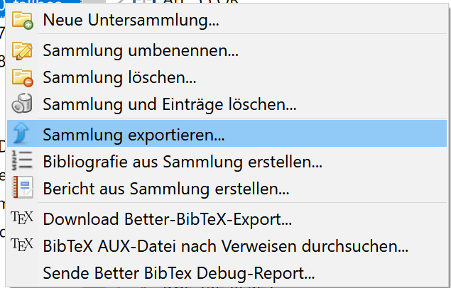 Menu nach Rechtsklick auf Sammlung